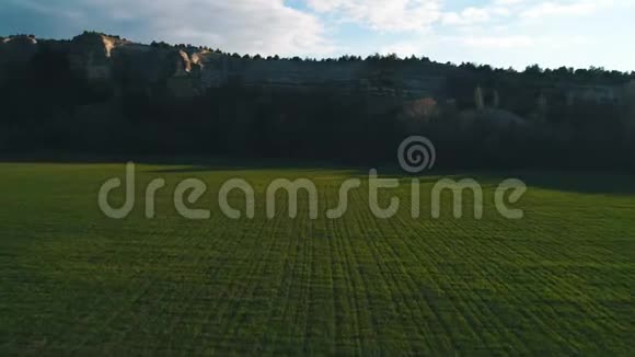 近景大片绿野背景为高山悬崖映衬蓝天录像美丽美丽视频的预览图