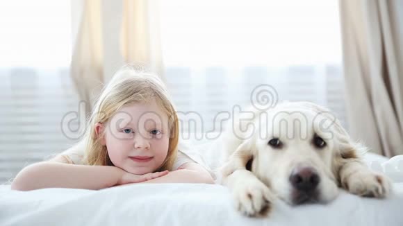 家庭宠物的生活一个金发小女孩和她的狗躺在卧室的床上视频的预览图