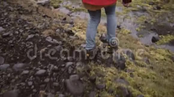 年轻时尚的女人走在岩石的地方旅行妇女探索沼泽与苔藓和水视频的预览图