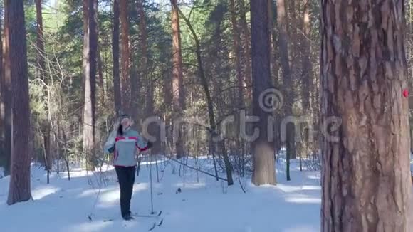 北欧一个女人在森林里滑雪健康的生活方式视频的预览图