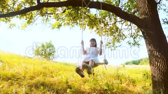 一个美丽的女孩长发在一个夏天的橡树下摇摆穿着一件白色的连衣裙视频的预览图