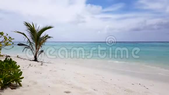 绚丽多彩的热带景观马尔代夫印度洋白色沙滩绿松石水蓝天白云视频的预览图