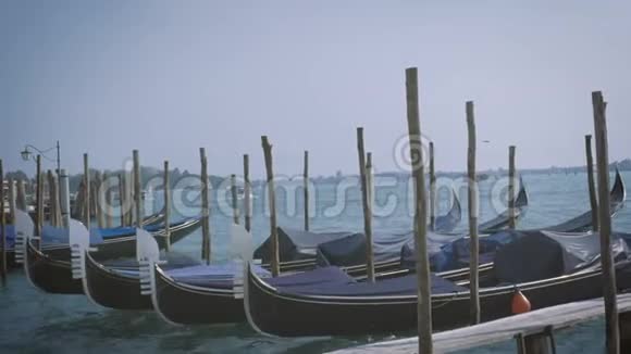 贡多拉斯停泊在威尼斯运河码头视频的预览图