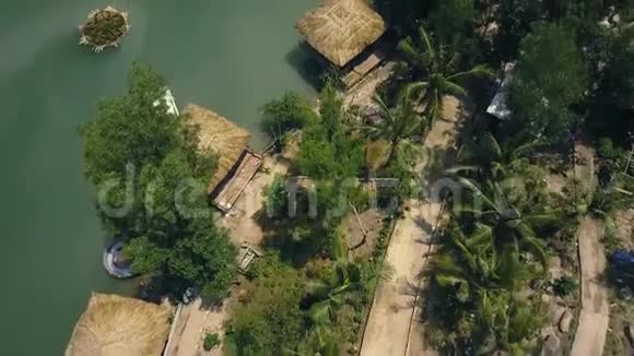 在河岸上的奇特棕榈树和树木之间的平房和船只空中无人机屋的热带景观视频的预览图