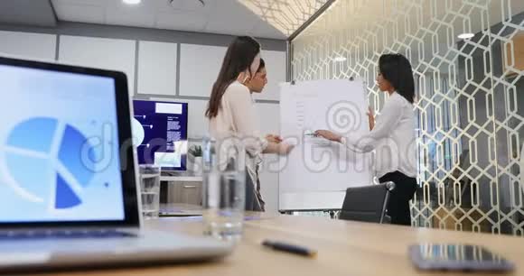 女行政人员在第4k会议室向她的同事作介绍视频的预览图