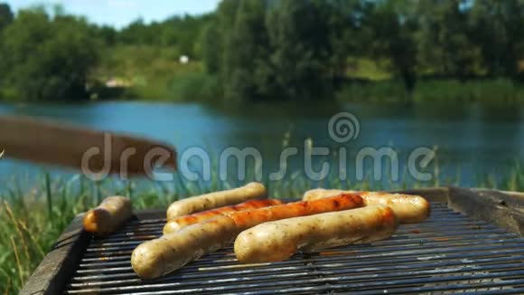 在阳光明媚的夏日在湖边烤香肠视频的预览图
