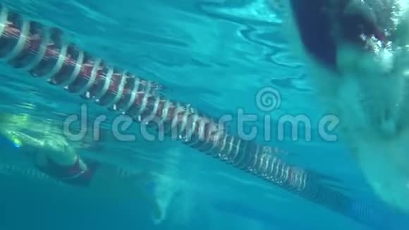 游泳池中女孩跳跃的水下视图慢动作视频的预览图