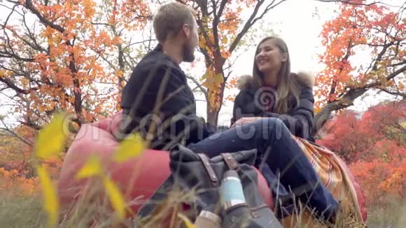 在秋天的森林里一对相爱的夫妇坐在泡芙上牵手交流慢动作视频的预览图