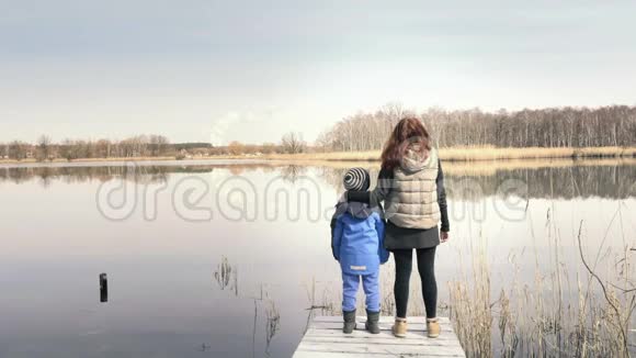 母亲和儿子站在美丽池塘的码头上视频的预览图
