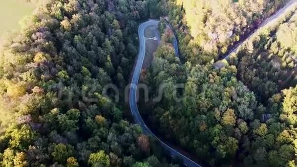 弯曲的道路有汽车和美丽的森林景观在上面用无人机拍摄的树木之间蜿蜒的街道视频的预览图