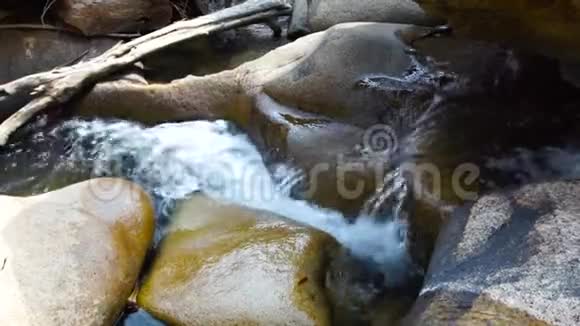 溪流透明的水在湍急的河流中从山瀑布近水流在岩石河中快速流动视频的预览图