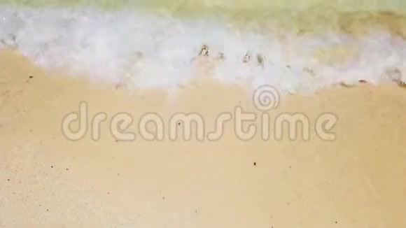 在白沙滩和清澈的海水上挥动白色泡沫可用作暑假背景视频的预览图