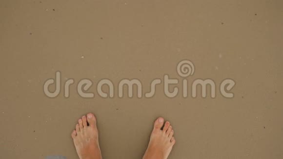一个人的腿赤脚走在金色的沙滩上慢动作4k视频的预览图