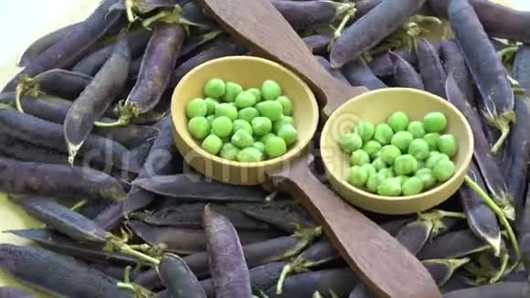 木勺青豆和紫罗兰色豆荚背景视频的预览图