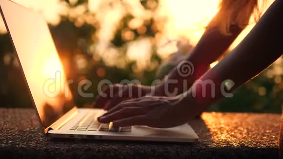 商务女性在假期打字在笔记本电脑键盘和饮酒年轻椰子再次美丽的海滩日落数字数字视频的预览图