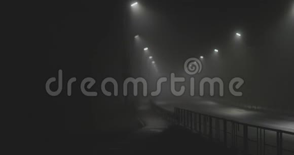 夜晚在神秘的雾城街道上缓慢平稳的移动视频的预览图
