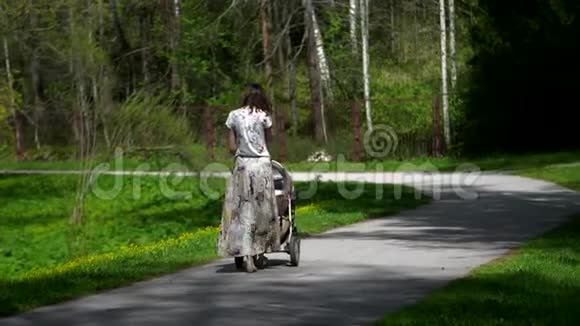 一个带着婴儿车的女孩沿着公园的小径沿着绿树和草坪散步视频的预览图