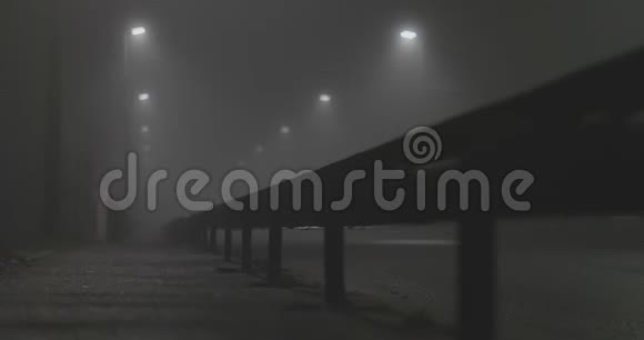 夜晚在神秘的雾城街道上缓慢平稳的移动视频的预览图