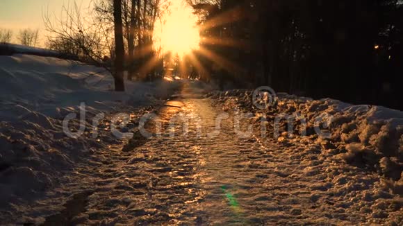 冬天在城市街道上美丽的日落雪亮的太阳和许多汽车视频的预览图