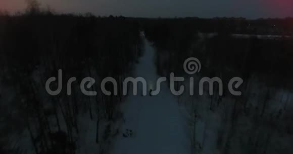 夜间后景雪地摩托在树林中穿行视频的预览图