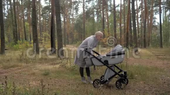 一位年轻漂亮的母亲带着婴儿车去公园和婴儿交流视频的预览图