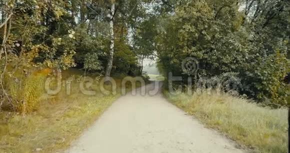 运动员跑到一个森林道路开口无人机后视图雪碧赏静秋乡路视频的预览图