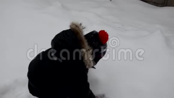 一个可爱的小男孩在冬天白雪覆盖的森林里扔雪在雪地里扔树好好享受冬天吧玩雪球视频的预览图