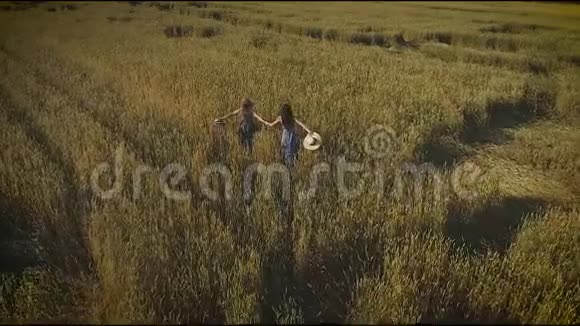 空中飞行女孩们跑过草地沿着高高的草地两个穿草帽和乡村服装的年轻妇女视频的预览图
