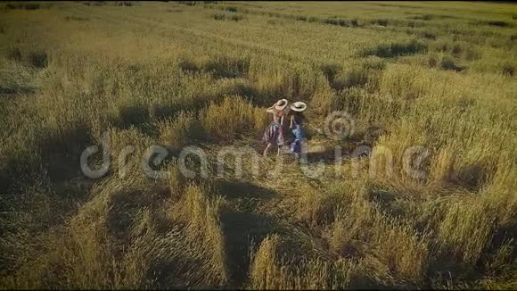空中飞行女孩们跑过草地沿着高高的草地两个穿草帽和乡村服装的年轻妇女视频的预览图