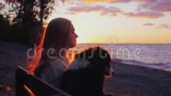 男人和狗带着澳大利亚牧羊犬的年轻女子欣赏湖面或大海上的日落他们并排坐在一起视频的预览图