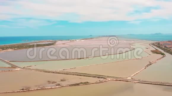 五彩盐湖带滨海盐沼鸟瞰图用无人机视频拍摄粉红盐湖和绿松石视频的预览图