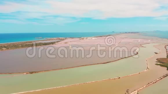 五彩盐湖带滨海盐沼鸟瞰图用无人机视频拍摄粉红盐湖和绿松石视频的预览图