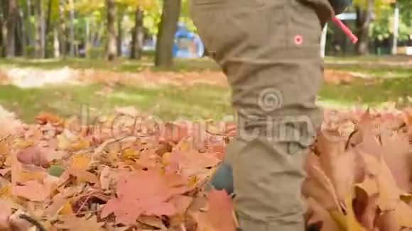 小男孩在公园里迈出第一步秋天视频的预览图