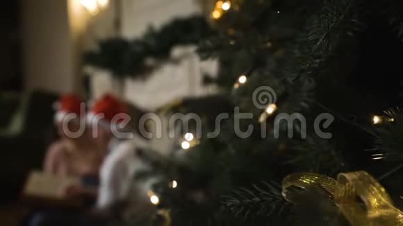 庆祝圣诞节的夫妇认为一张可爱的照片专辑模糊了重点树的第一个计划视频的预览图