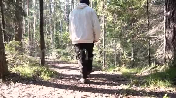 穿着风衣和裤子的人为了凉爽的天气录像旅行者在露天的树林里散步视频的预览图