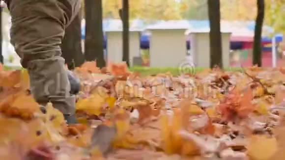 小男孩在公园里迈出第一步秋天视频的预览图