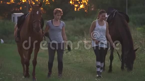 2两个女孩在田间道上骑两匹马视频的预览图
