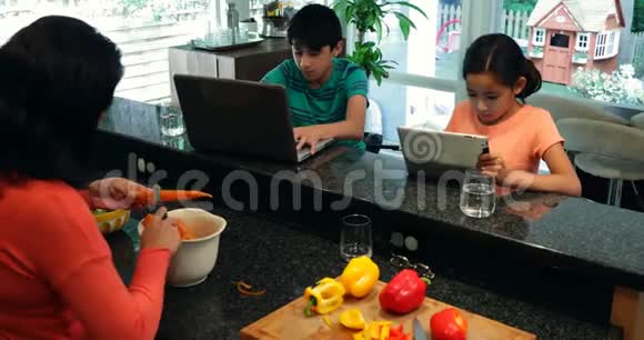 孩子们在妈妈切蔬菜的同时使用笔记本电脑和数码平板电脑视频的预览图