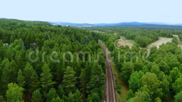 穿越森林深处的铁路轨道鸟瞰图视频的预览图