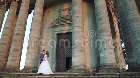可爱的新婚夫妇站在远离镜头的城堡附近慢慢地视频的预览图