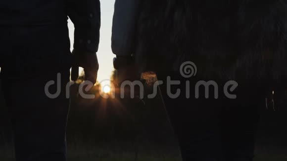 一对可爱的夫妇牵着手在日落时散步的剪影4K视频的预览图