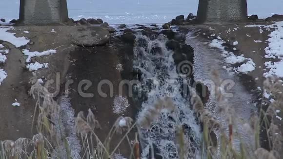 冬天桥下的小瀑布在瑟瑟发抖特写了一个缓声视频的预览图