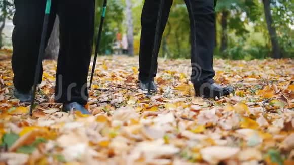 两位老年妇女正在公园里散步双脚秋天视频的预览图