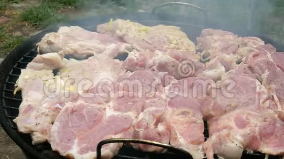 大型美味的生肉牛排在烧烤炉上烤过煤在一个小的户外烧烤视频的预览图