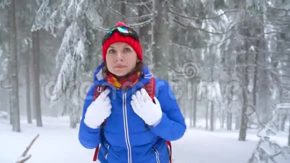 旅游女孩走在山上一片覆盖着白雪的针叶林上向她的同伴伸出手来视频的预览图
