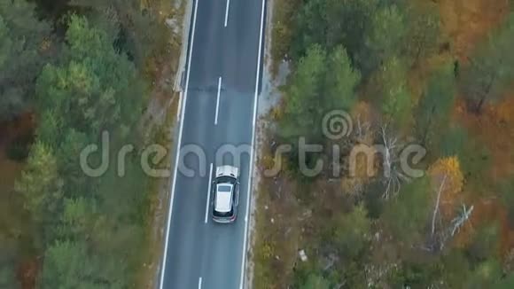 在穿过森林的道路上行驶的豪华轿车的鸟瞰图视频的预览图