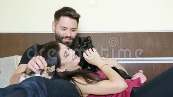 一对夫妇抱着猫躺在床上视频的预览图