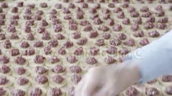 为女性的双手戴上手套在平圆的面团上放一团肉丸场景饺子造型视频的预览图