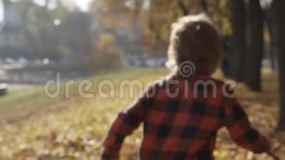 秋天落叶的小男孩奔跑视频的预览图
