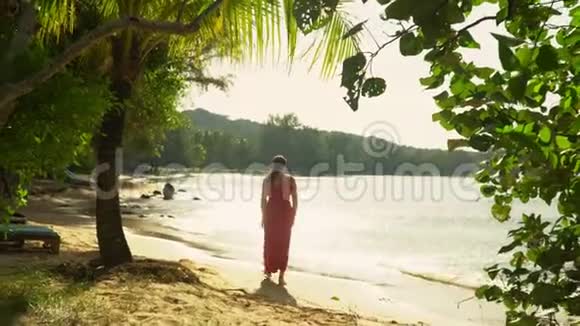 那个女人从令人惊讶的美丽海滩看海洋这位美丽的年轻女子在水上花钱一种隐私视频的预览图